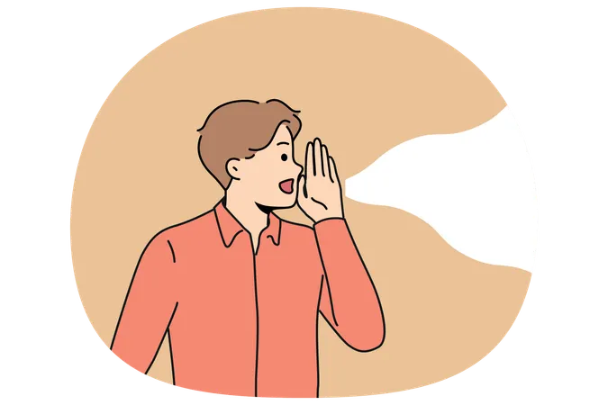 Man screams loudly putting hand to mouth instead of gramophone to communicate important information  Illustration