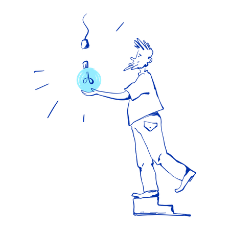 Man screws in light bulb Illustration