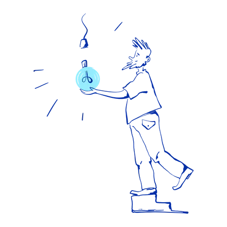 Man screws in light bulb Illustration