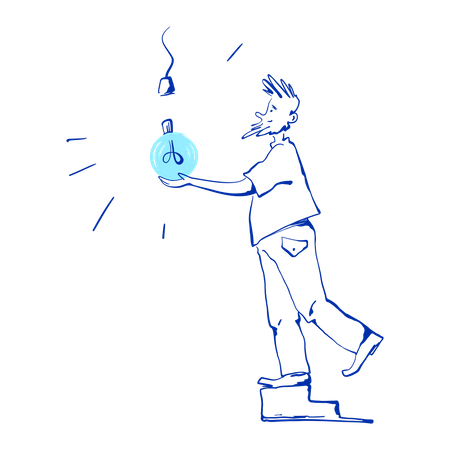 Man screws in light bulb  Illustration