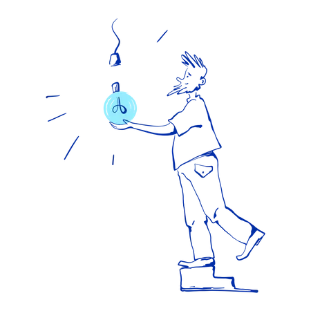 Man screws in light bulb  Illustration