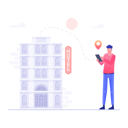 Man Search Hotel Location In Mobile Illustration