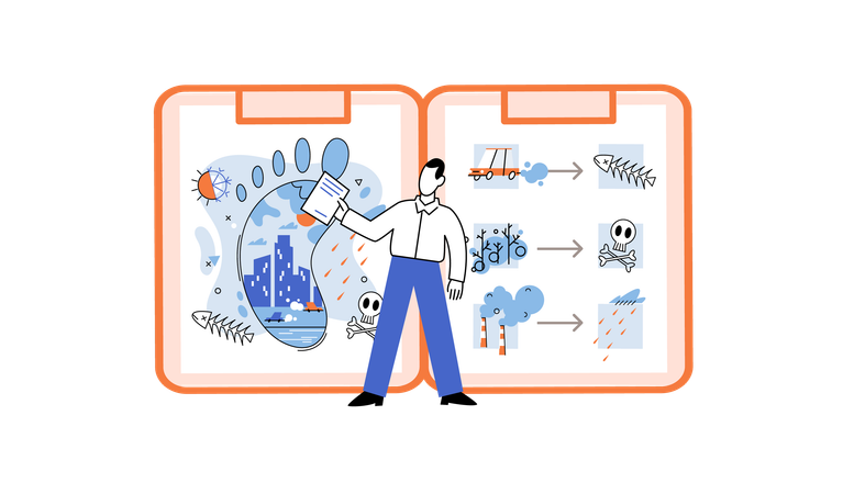 Man searching carbon footprint and its consequences  Illustration