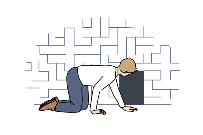 Man searching exit from labyrinth and crawling near miniature door, as metaphor for difficult situation  Illustration