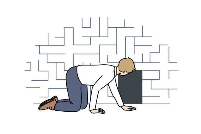 Man searching exit from labyrinth and crawling near miniature door, as metaphor for difficult situation  イラスト