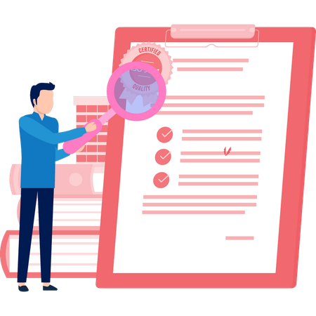 Man searching for certificate batch by magnifying glass  Illustration