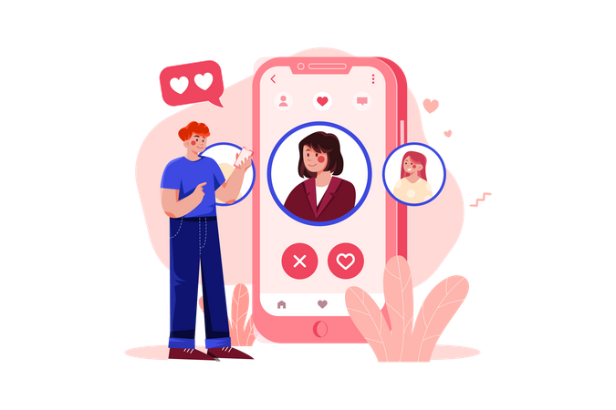 Man searching for girlfriend on dating app  イラスト
