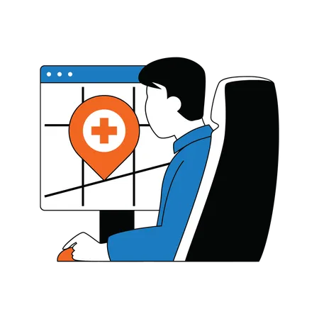 Man searching hospital location on map  Illustration