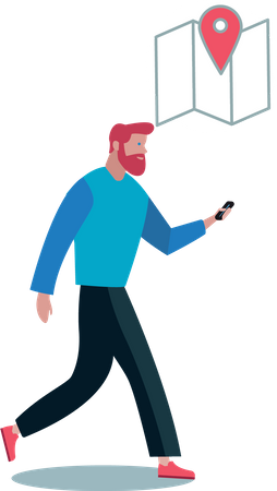 Man searching location from his phone map while walking  Illustration