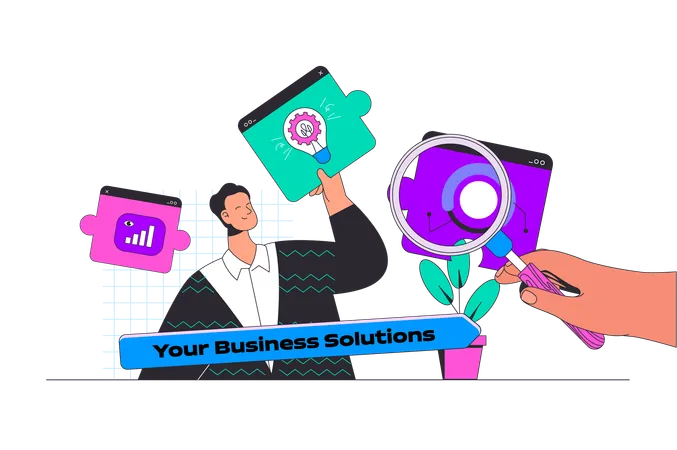 Business Solution Concept In Modern Flat Design For Web Man Searching New Ideas Analysis Plan And Making Research Brainstorming Vector Illustration For Social Media Banner Marketing Material Illustration