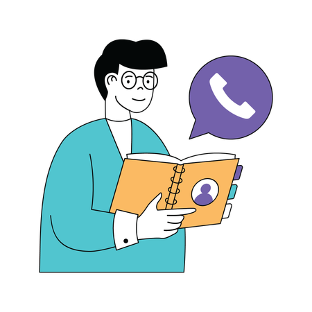 Man searching phone number in phone book  Illustration