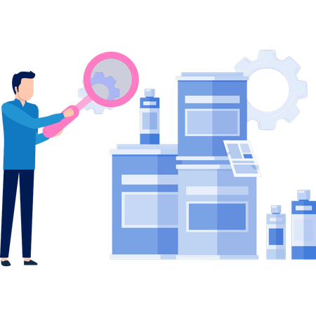 Man searching printer setting by magnifying glass  Illustration