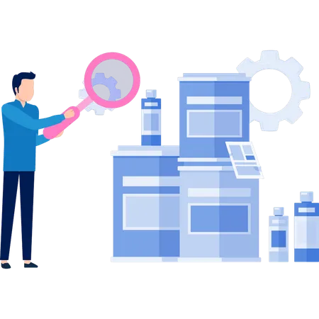 Man searching printer setting by magnifying glass  Illustration