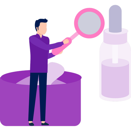 Man searching serum bottle by magnifying glass  Illustration