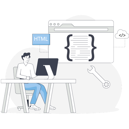 Man seated at a desk focused on a computer screen displaying a web page Illustration