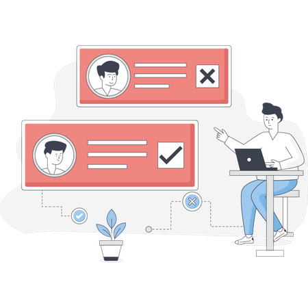Man seated at a desk with a laptop accompanied by a check mark representing successful task achievement  Illustration