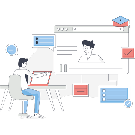 Man seated at a desk working on a laptop with a computer screen in front of him  Illustration