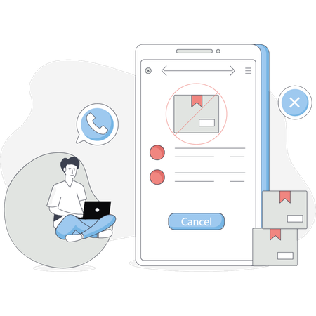 Man seated on a chair working on a laptop with a smartphone placed in front of him  Illustration