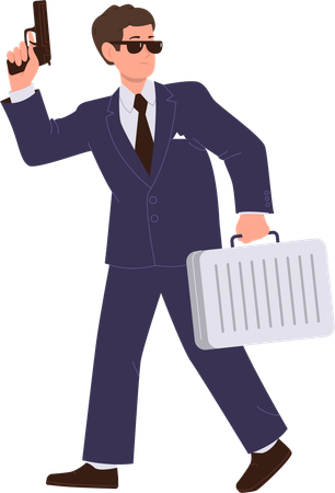 Man secret agent cartoon character wearing stylish formal suit holding handgun and briefcase  Illustration
