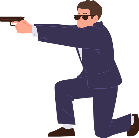 Man secret agent wearing formal suit and sunglasses aiming with gun at suspect  Illustration