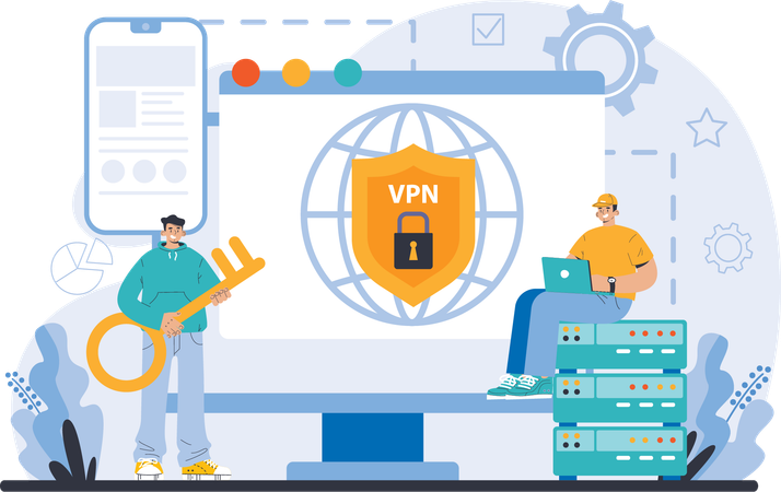 Man secures his data through vpn network  Illustration