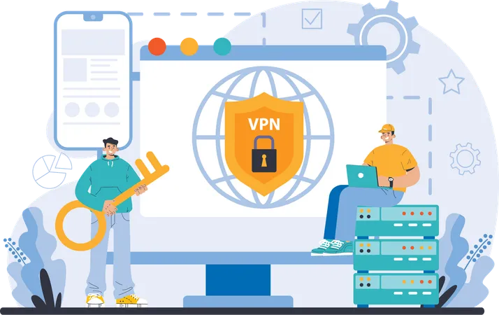 Man secures his data through vpn network  Illustration
