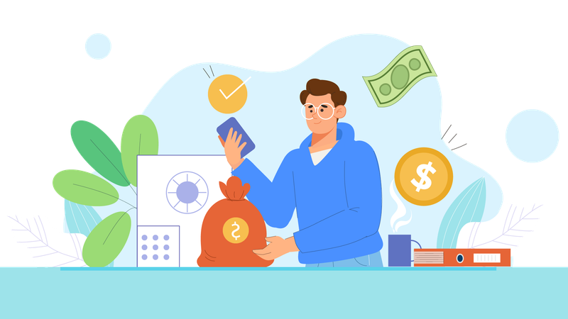 Man secures his money in digital locker  Illustration