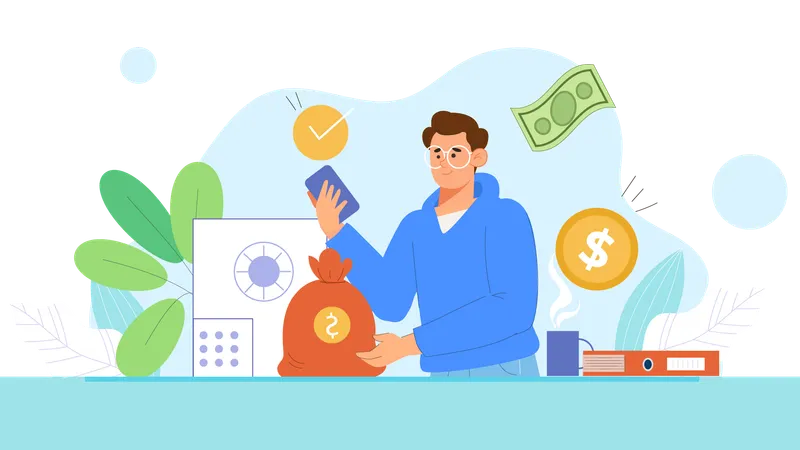 Man secures his money in digital locker  Illustration