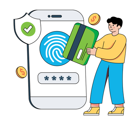 Man securing card details using fingerprint authentication  Illustration