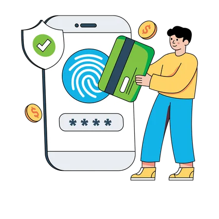 Man securing card details using fingerprint authentication  Illustration