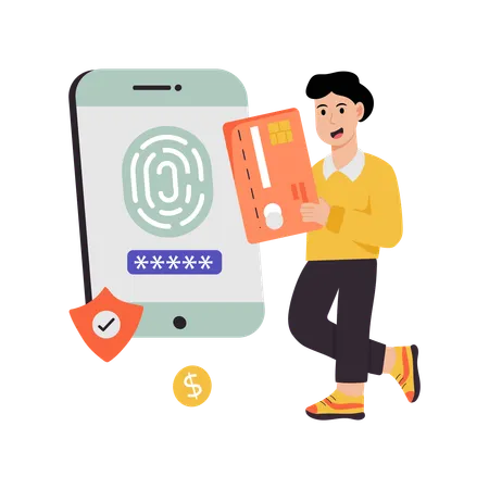 Man Securing Card Using Fingerprint  Illustration