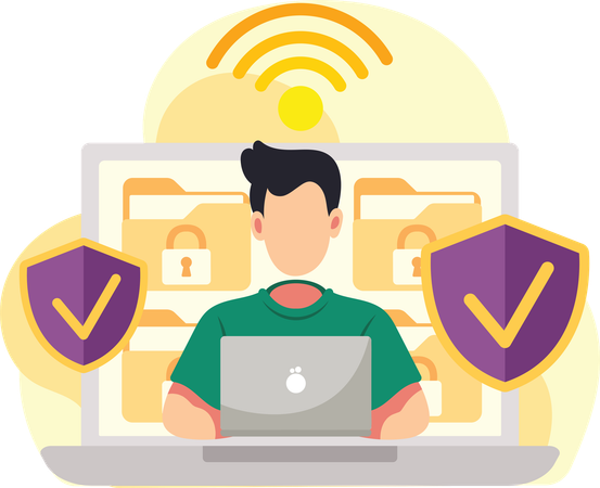Man securing data on laptop screen  Illustration