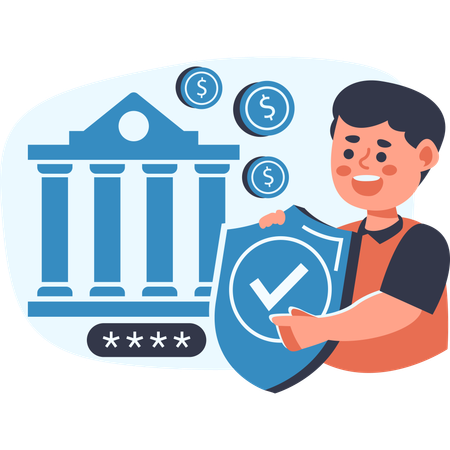 Man securing financial data with shield and bank  Illustration