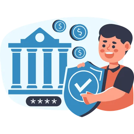 Man securing financial data with shield and bank  Illustration