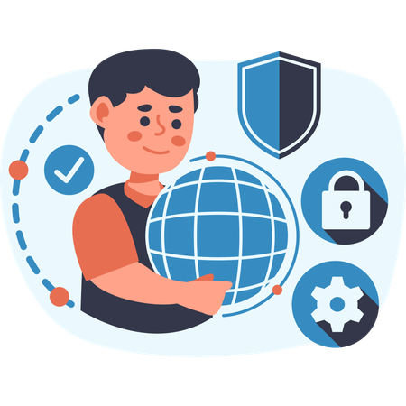 Man securing global network with cybersecurity protection  Illustration