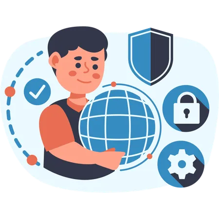 Man securing global network with cybersecurity protection  Illustration