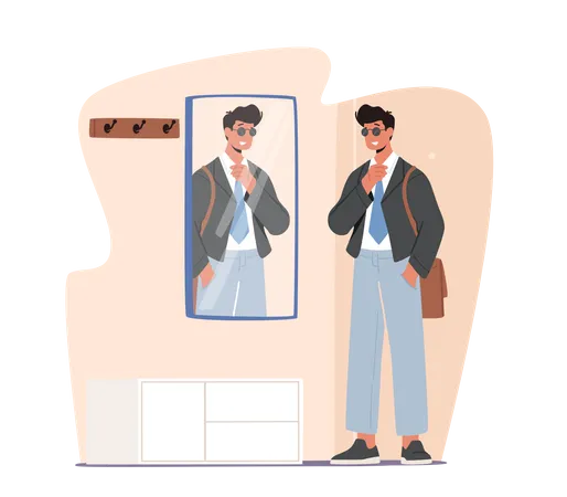Man Going To Work Handsome Male Character Wearing Formal Wear Sunglasses And Belt Bag Stand Front Of Mirror In Corridor Before Leaving Home Daily Routine Concept Cartoon Vector Illustration イラスト