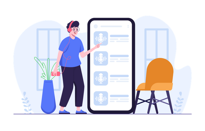 Homem seleciona episódio de áudio de podcast  Ilustração