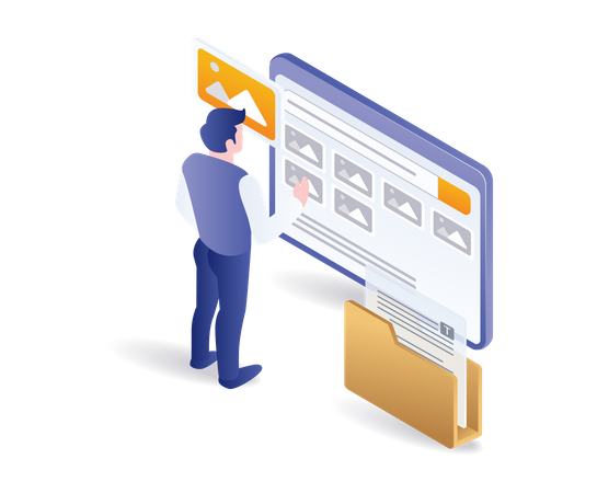 Homem selecionando dados de imagem no portfólio  Ilustração