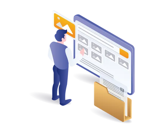 Homem selecionando dados de imagem no portfólio  Ilustração