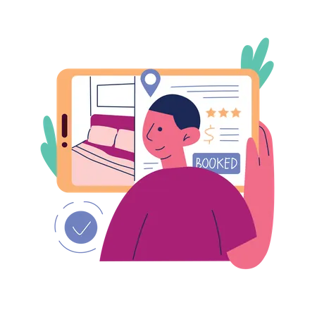 An Illustration Featuring A User Selecting And Booking Accommodation Such As Hotels Or Apartments With A Cozy Bedroom Or A Comfortable Hotel Setting Illustration