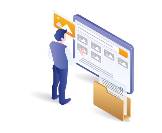Man selecting image data in portfolio  Illustration