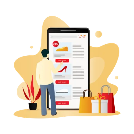 Man selecting items in online shopping app  Illustration