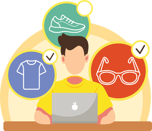 Man selecting items on laptop  Illustration