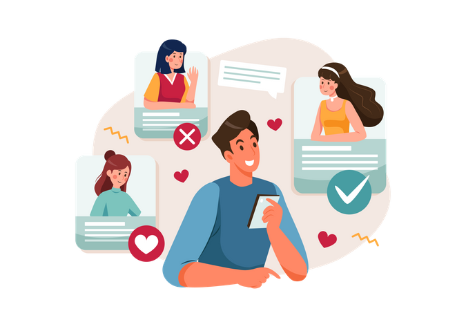 Man selecting partner using online dating platform Illustration