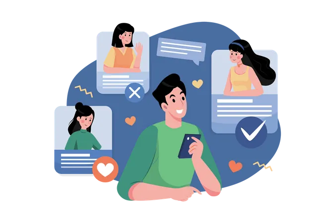 Man selecting partner using online dating platform  Illustration