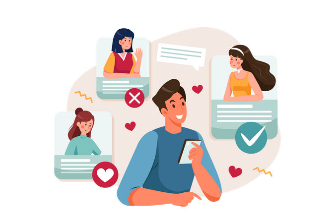 Man selecting partner using online dating platform  Illustration