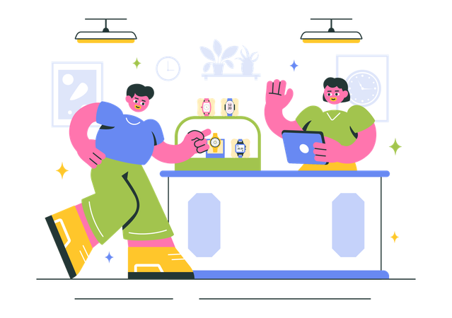 Man selecting Watches from Store  Illustration