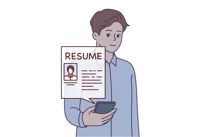Man HR Recruiter Holding Phone With Resume Job Seeker Wants To Get Job And Has Responded To Vacancy Guy Employee HR Agency Is Looking For Staff For Company Through Internet Sites And Applications Illustration