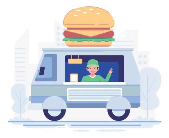 Man selling burgers from food truck Illustration